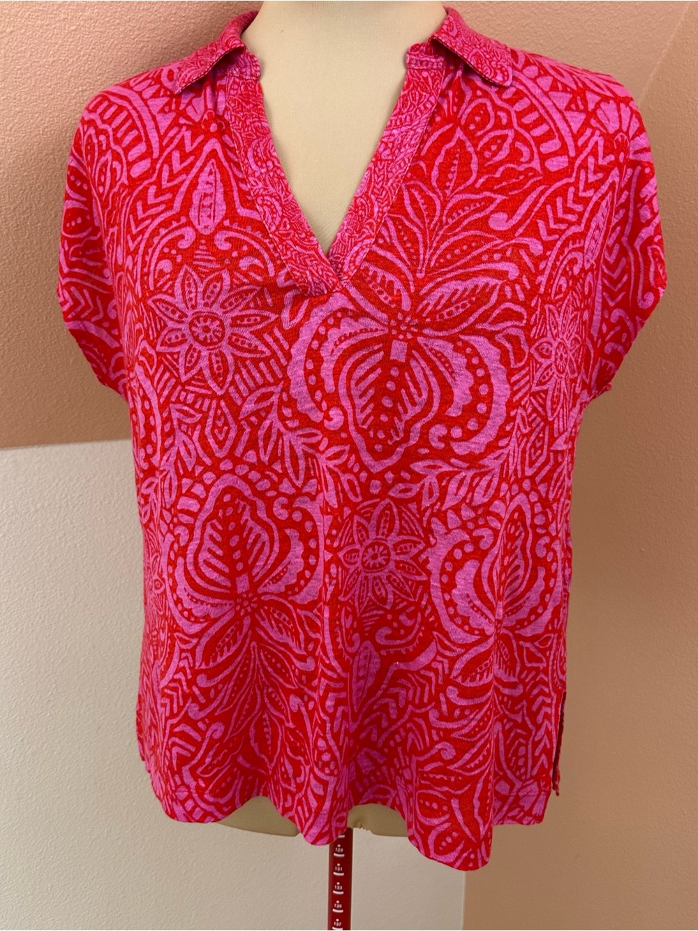 Rachel Zoe 100% Linen Blouse Top Womens XL Pink Red Floral Knit Collared Vibrant